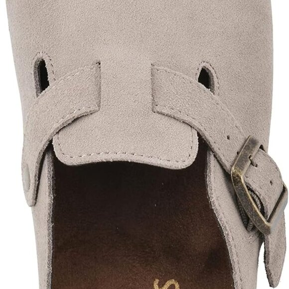 Women's Leather Clog Taupe Slip-On Mule Shearling Lining Contoured Footbed - Picture 6 of 7